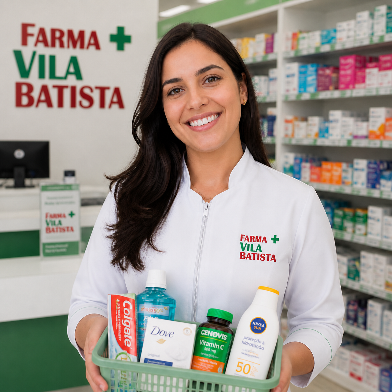 Atendente da Farma Vila Batista com uniforme da farmácia segurando cesta de produtos